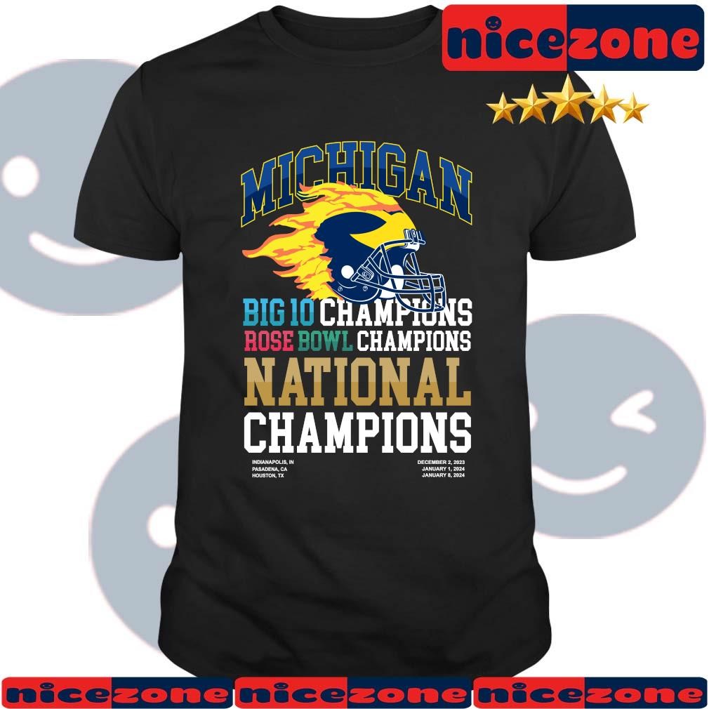 Michigan Big 10 Champions Rose Bowl Champions National Champions Helmet Fire 2024 Black hirt